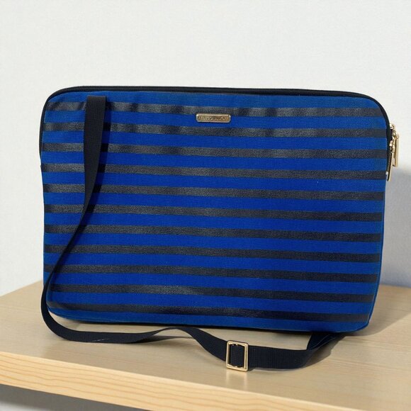 Rebecca Minkoff Blue & Black Striped Laptop Case With Shoulder Strap 14.5x11x1 - Picture 2 of 6